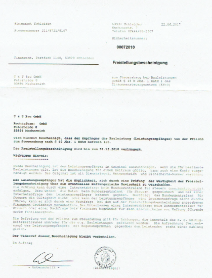 Freistellungsbescheinigung T & T Bau GmbH